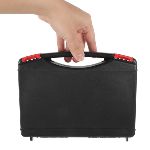 Hand holding Portable Plastic Toolbox With Grip Handle, Heavy Duty Hard Shell Organizer For Mechanics from behind.