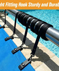 Top Shelf Universal Pool Solar Cover Reel Attachment Kit With Fool Proof Serrated Grip Locking Clips And 24 Piece Hook Strap Bundle For Large Inground Swimming Pools showing sturdy black hook straps on a metal reel.