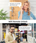 Slick WiFi Smart Deadbolt And Keyless Entry Door Lock With No Sweat App Connect Alexa Voice Commands Clean Guest Codes And Heavy Duty Frame For Straight Up Reliable Security. Woman using phone at door with deadbolt visible.