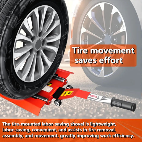 Upgraded Portable Roller Tire Jack With Double Ramp For Cars Trucks And Suvs Effortless Whip Hoist shown lifting a car tire.