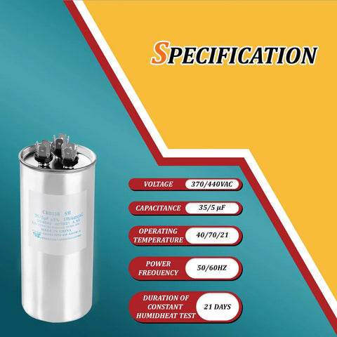 Professional Grade Round Dual Run Capacitor 35 Plus 5 Microfarad 370 440 Volt specifications on a blue background.