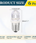 6 Piece E10 Mini LED Bulbs DC 4.5 To 5 Volts At 0.2 Watts Delivering A Slick White Glow, showcasing size and specs.