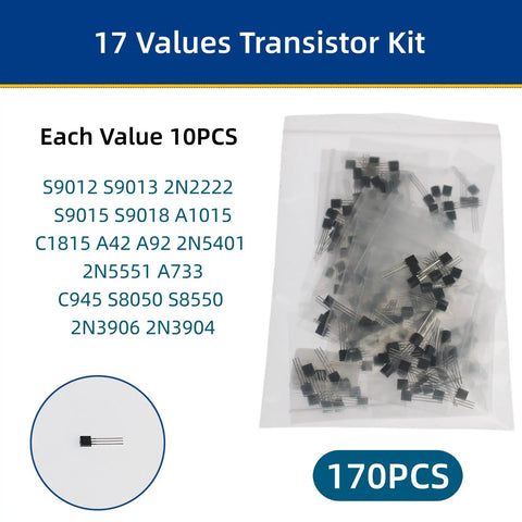 Top Shelf 1490 Piece Electronic Component Assortment Box Packed With Colorful Leds Transistors Resistors And Capacitors Killer Gear Bag For Serious Makers 17 values transistor kit in a clear bag.