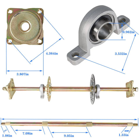 Components of a 32 Inch Go Kart ATV Rear Axle Assembly Kit With Shaft Hub Chain And Brake Master Cylinder Replacement for 6 To 10 Wheels