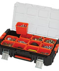 Workhorse Light Duty Modular Rolling Toolbox System with Top Toolbox featuring ten removable bins filled with hardware