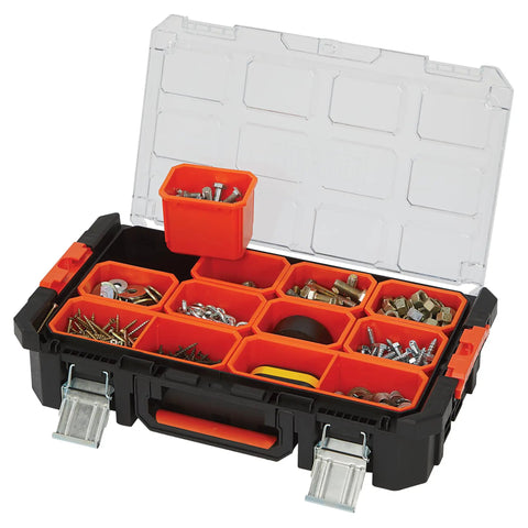Workhorse Light Duty Modular Rolling Toolbox System with Top Toolbox featuring ten removable bins filled with hardware
