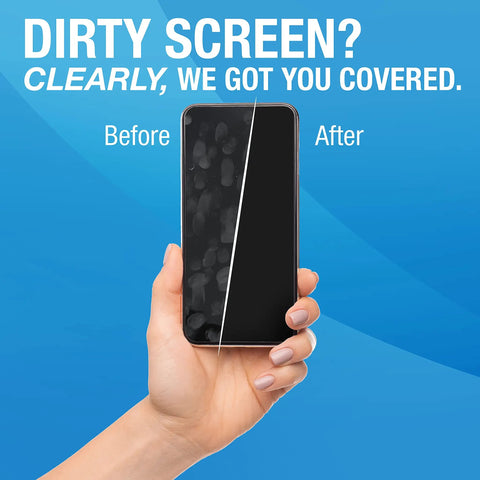 Hand holding a smartphone showing a dirty screen on the left and a clean screen on the right, illustrating Dope All In One Electronics Cleaning Spray Kit With Microfiber Towel For TV Phone Monitor Laptop Keyboard Tablet And More Safe Gentle Screen Cleaner 16 Ounce Kit usage before and after cleaning