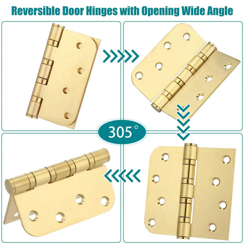 Heavy Duty 4X4 Inch Ball Bearing Door Hinges 3 Pack Thick Stainless Steel Exterior Hinge Warm Gold Finish Includes Fasteners shown from multiple angles.