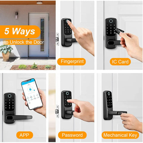 5 unlocking methods with 6 In 1 Fingerprint Smart Door Lock with Anti Peep Keypad, Fob Key, Mechanical Key, and App Bluetooth.