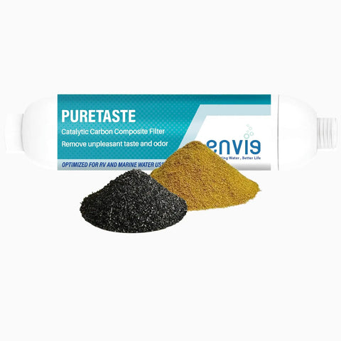 Heavy Duty Catalytic Carbon KDF Inline RV Water Filter Hits Chloramine And Swamp Gas Where It Hurts Tough As Nails Filtration For Rigs Boats And Campers Crisp Fresh Water Every Single Trip with black and yellow filtration materials.