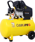 This Bad Boy 13 Gallon Air Compressor Is A Total Game Changer For Your Shop! With 45HP Power And Oil Lubricated Guts, It Cranked Out Heavy Duty PSI Like Nobody's Business. The Six Inch Tires Make Rolling This Beast Incredibly Easy, Making It Perfect For a close-up view of the yellow oil-lubricated air compressor with a 13-gallon tank and powerful motor.