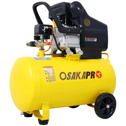 This Bad Boy 13 Gallon Air Compressor Is A Total Game Changer For Your Shop! With 45HP Power And Oil Lubricated Guts, It Cranked Out Heavy Duty PSI Like Nobody's Business. The Six Inch Tires Make Rolling This Beast Incredibly Easy, Making It Perfect For a close-up view of the yellow oil-lubricated air compressor with a 13-gallon tank and powerful motor.