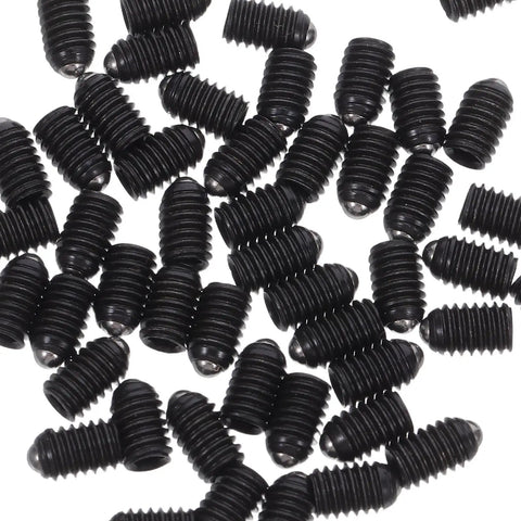 50 Pack M4x6 Ball Plunger Set Screws Stainless Steel Hex Socket Spring Loaded Cabinet Latch Pins in black color.