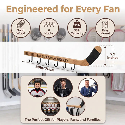 Premium Quality Top Tier Solid Wood Hockey Stick Wall Mounted Coat Rack Featuring Six Heavy Duty Hooks 30x7.9 inches design.