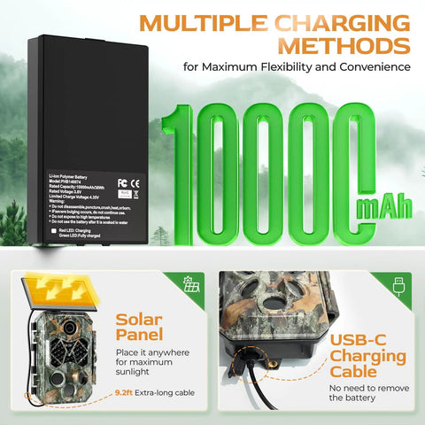 4K 64MP Solar Trail Camera With Massive 10000mAh Battery showing multiple charging methods, including solar panel and USB-C cable.