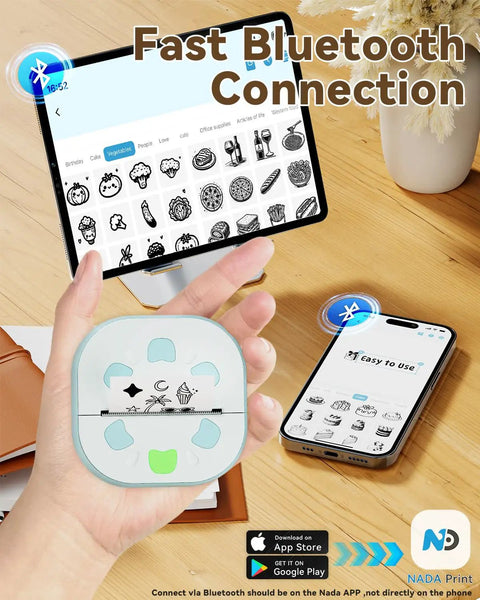 Bluetooth Sticker Printer Mini Portable Sticker Maker With 3 Roll Paper Inkless Thermal Printing For iPhone Notes And Journals DIY Crafts And Kids Gift On The Go shown in use with phone and tablet displaying app interface.