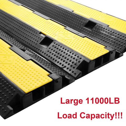 Three Pack Dual Channel Rubber Cable Protector Ramp for Driveways and Floors, yellow and black design, 11000lbs capacity