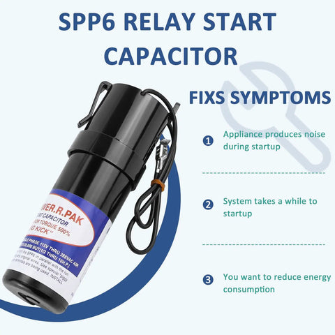 SPP6 Hard Start Kit For Air Conditioner with black relay start capacitor, designed to enhance compressor performance and stability.