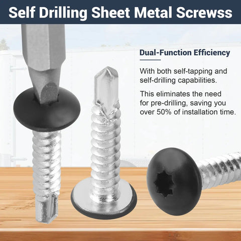 Rock Solid Black Enclosed Trailer Screws Self Drilling And Self Tapping Double Square Drive With Magnetic Bit Built Tough For RV And Cargo Haulers 150 Piece Pro Grade Kit showing self-drilling screws