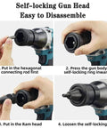 Self-locking gun head assembly instructions for Smooth Riding Heavy Duty Cordless Electric Rivet Nut Gun With 5.2ah Battery Pack.