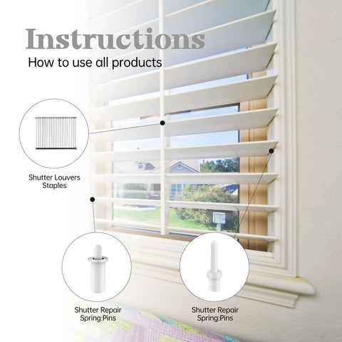 Instructions for 85 Pcs Plantation Shutter Repair Kit, featuring shutter louvers staples and spring-loaded pins for easy repairs.