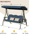 Dimensions of the upgraded 3 seat porch swing with canopy and stand for backyard patio, 180 degree recline, blue square tube.