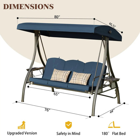 Dimensions of the upgraded 3 seat porch swing with canopy and stand for backyard patio, 180 degree recline, blue square tube.