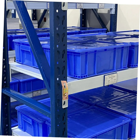 Built Tough Carbon Steel Pallet Racking Safety Clips 20 Pack Galvanized Pin Hardware on industrial shelving with blue bins.