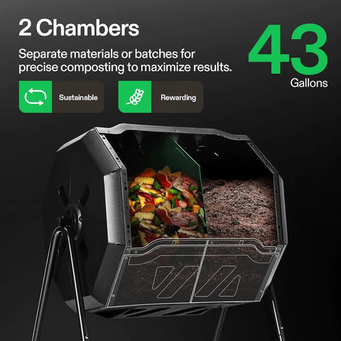 Outdoor Tumbling Composter Dual Rotating Batch Bin 43 Gallon Capacity With Two Chamber Setup For Continuous, Efficient Home Composting Easy Turn Design Odor Control Black Door showing open chambers.