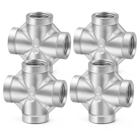 304 Stainless Steel Pipe Fitting 4 Way Cross NPT Female Threads Three Eighths Inch Four Way Connector For Plumbing And Hydraulics High Quality 304 Steel 4 Pack Bundle