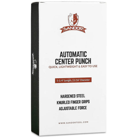 Pro Grade Automatic Center Punch With Hardened Steel Body And Knurled Grip Adjustable Tension Pack Of Two box packaging.
