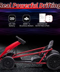 12V Kid Friendly Go-Kart With Dual 300W Brushless Motors, Drift-Ready Electric Kart in red, side view showing design details
