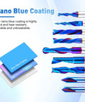 Nine Piece Solid Carbide CNC Router Bit Set With Nano Blue Coating And One Fourth Inch Shank Hella Sharp Edges on display showing detailed coating.