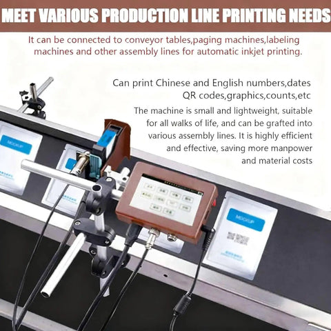 Industrial Automatic Inkjet Coding Machine For Production Lines Features High Definition 600Dpi Printing And Reliable Online Labeling For Logos, Graphics, And Batch Codes On Conveyor Systems With A 25.4mm Width Red Ink Option on production line setup.