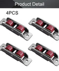 Slick Smooth Glide Double Wheel Pulley For Sliding Doors And Windows Featuring A Badass Stainless Steel Shell Silver Finish Heavy Duty Nylon Track Rollers 4 Pack, showing four red nylon wheel pulleys.