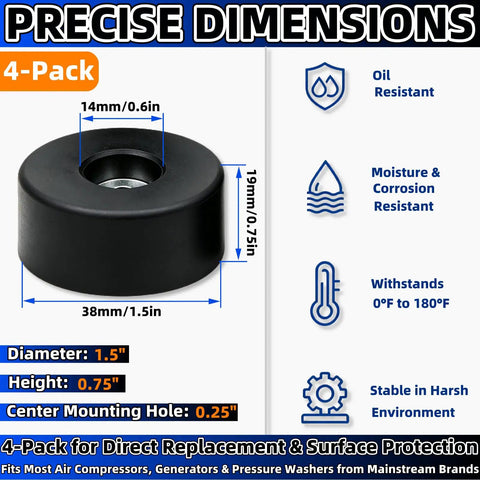 Heavy Duty Anti Vibration Rubber Feet Pads 4 Pack Rock Solid Shock Isolators 0.75 X 1.5 Inch with precise dimensions for compressors.