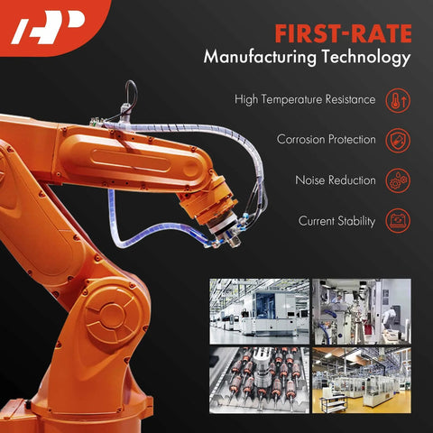 Orange industrial robotic arm demonstrating manufacturing technology with images of factories and features like corrosion protection.