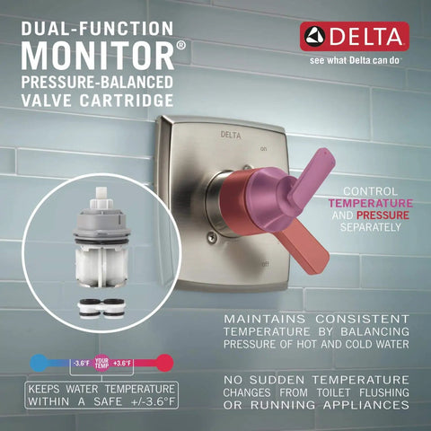 Delta dual-function monitor for Linden 17 Series Dual-Function Shower Trim Kit in chrome, controlling temperature and pressure.