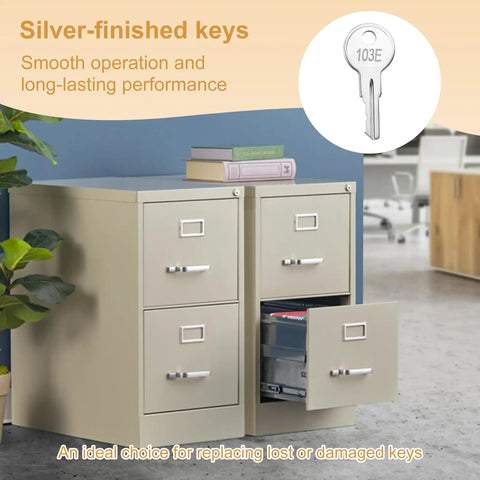 103E File Cabinet Keys Replacement Pack For Office Cabinets And Desk Drawers shown with open file cabinet drawer