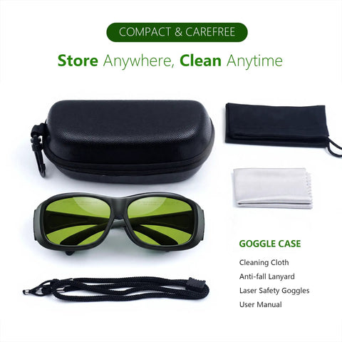 Badass Laser Safety Glasses With Sleek High Density Lenses Blocking Mean Laser Beams For Welding And Hair Removal Jobs Featuring Rugged Pro Grade Wide Spectrum Eye Shield Gear in protective case with accessories.