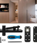 Badass Heavy Duty Invisible Door Hinges With 360 Degree Rotation And Seamless Hidden Pivot shown with installation kit for painted wood doors.
