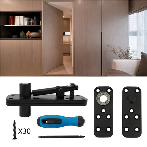 Badass Heavy Duty Invisible Door Hinges With 360 Degree Rotation And Seamless Hidden Pivot shown with installation kit for painted wood doors.