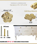 Solid Brass Flower Drawer Knobs Two Pack 40mm Gold Cabinet Handles with screws and dresser compatibility shown