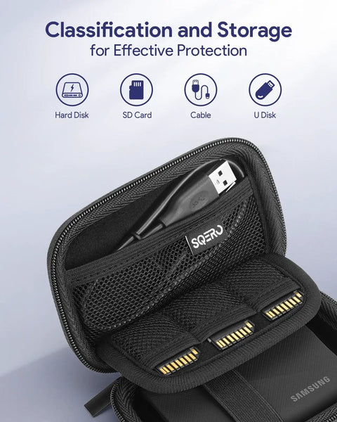 Open Hard Case For T9 T7 Shield T7 Portable SSDs Custom Fit Protective Carry Case In Black showing compartments for accessories.