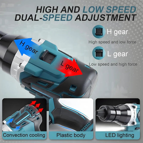 Heavy Duty Cordless Rivet Nut Gun With 26V Rechargeable Battery And M3 To M12 Mandrels showing dual-speed adjustment features.