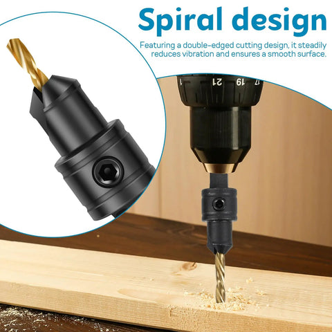 Close-up of Slick 5-Piece Adjustable Countersink Drill Bit Set with Magnetic Extension Holder, spiral design for smooth cutting.