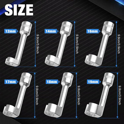 Premium L Type Fuel Line Socket Wrench Set Built Tough With Chrome Vanadium Steel, sizes displayed: 12mm, 14mm, 16mm, 17mm, 18mm, 19mm.