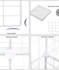 Close-up of 9-Cube Wire Storage Organizer System showing metal grid shelving, connectors, and modular bookshelf components, white finish.