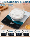 Bluetooth Kitchen Scale 10kg And 22lb Capacity With Smart Nutrition App Calorie And Macro Tracker Real Nutritional Analysis USB C Rechargeable Tempered Glass LED Display Tare Function And Easy Conversions Between Grams Pounds Ounces And Milliliters showing flour in bowl on scale