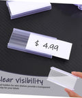 Heavy Duty PVC Wire Shelf Label Holders 30 Pack Clear Display Fronts on a black surface showing clear pricing displays.